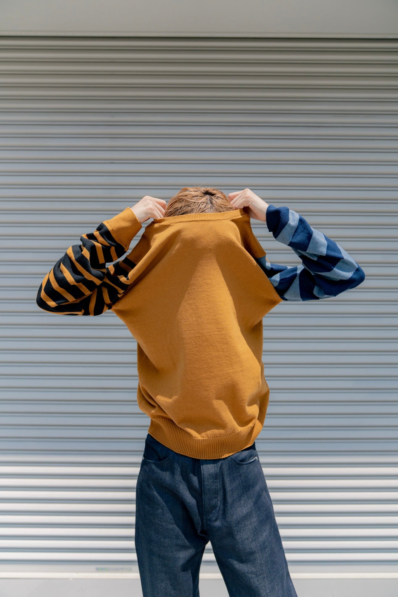 COTTON CASHMERE BORDER SLEEVE SWEATER