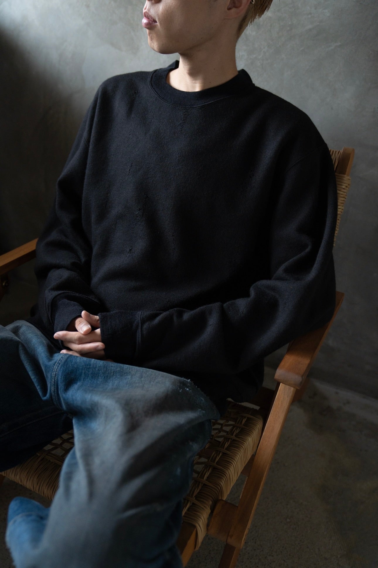 Damage jacquard terry crew neck sweater