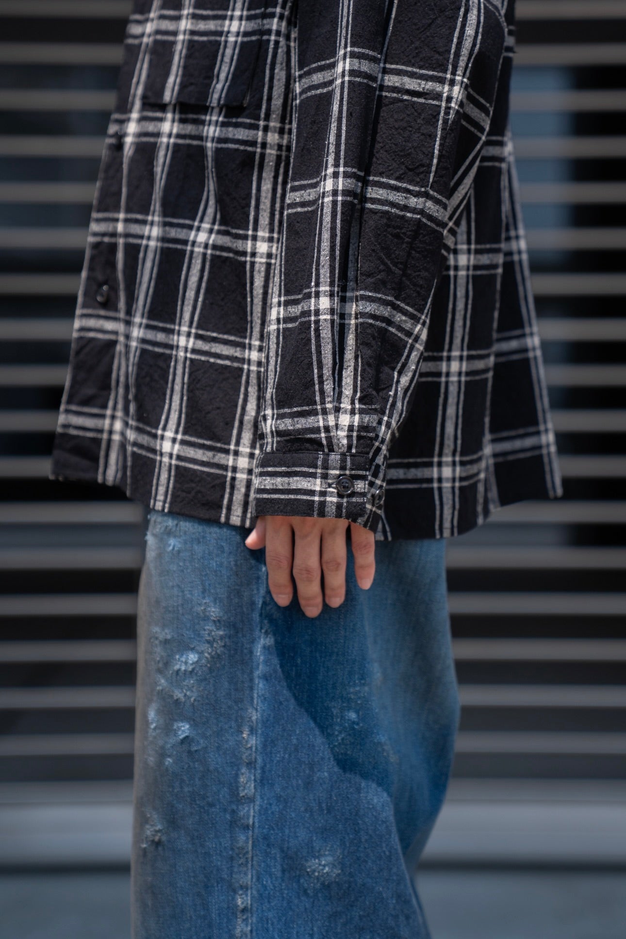 Silk/Cottn Nep Plaid Military Shirt