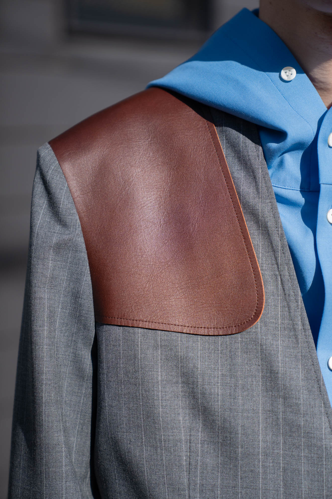 Leather-Patch No-Collar Jacket