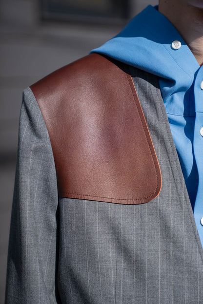 Leather-Patch No-Collar Jacket