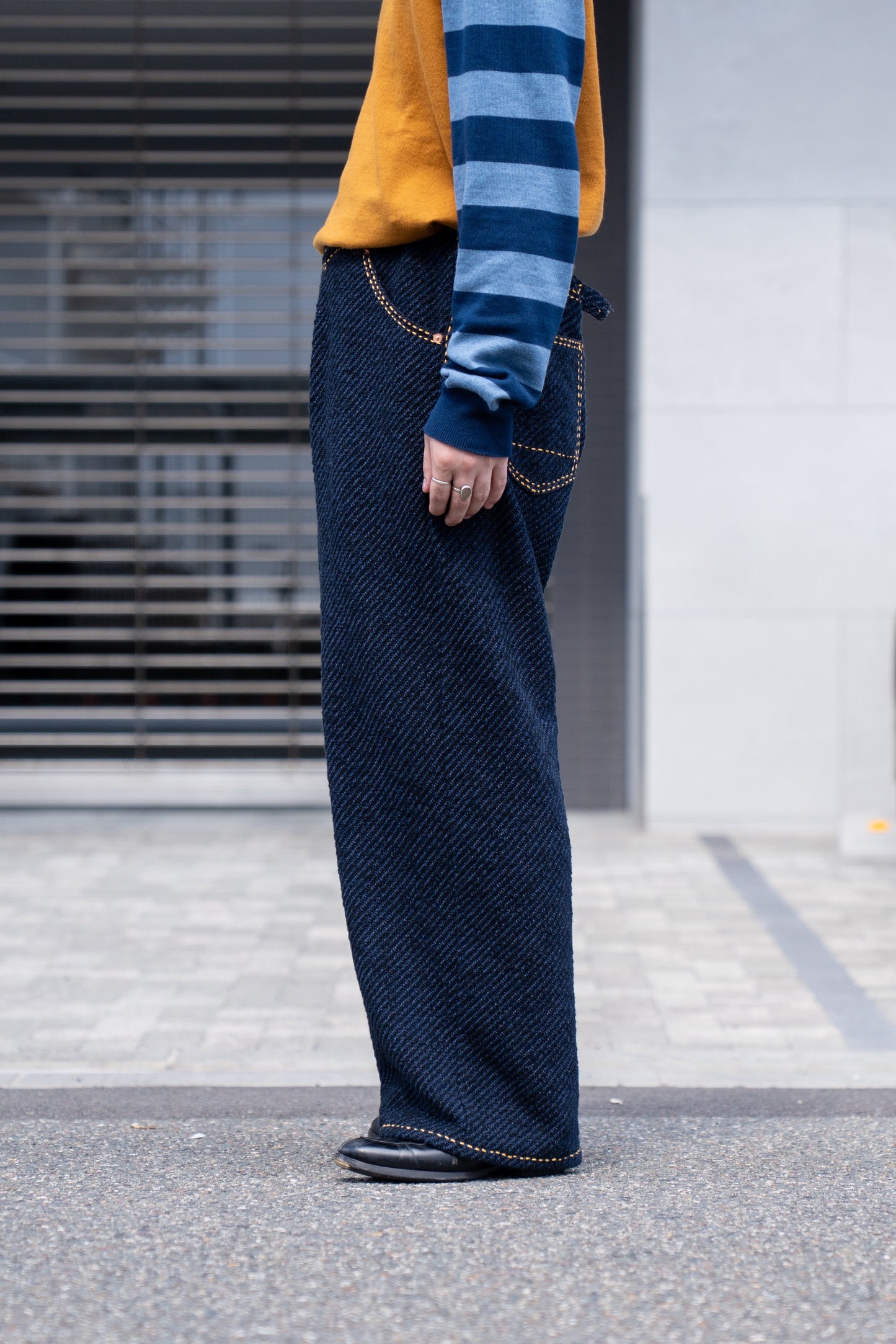 Hand Stitched Rigid Denim Knit Pants