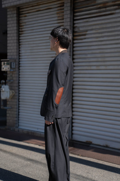 Leather-Patch No-Collar Jacket