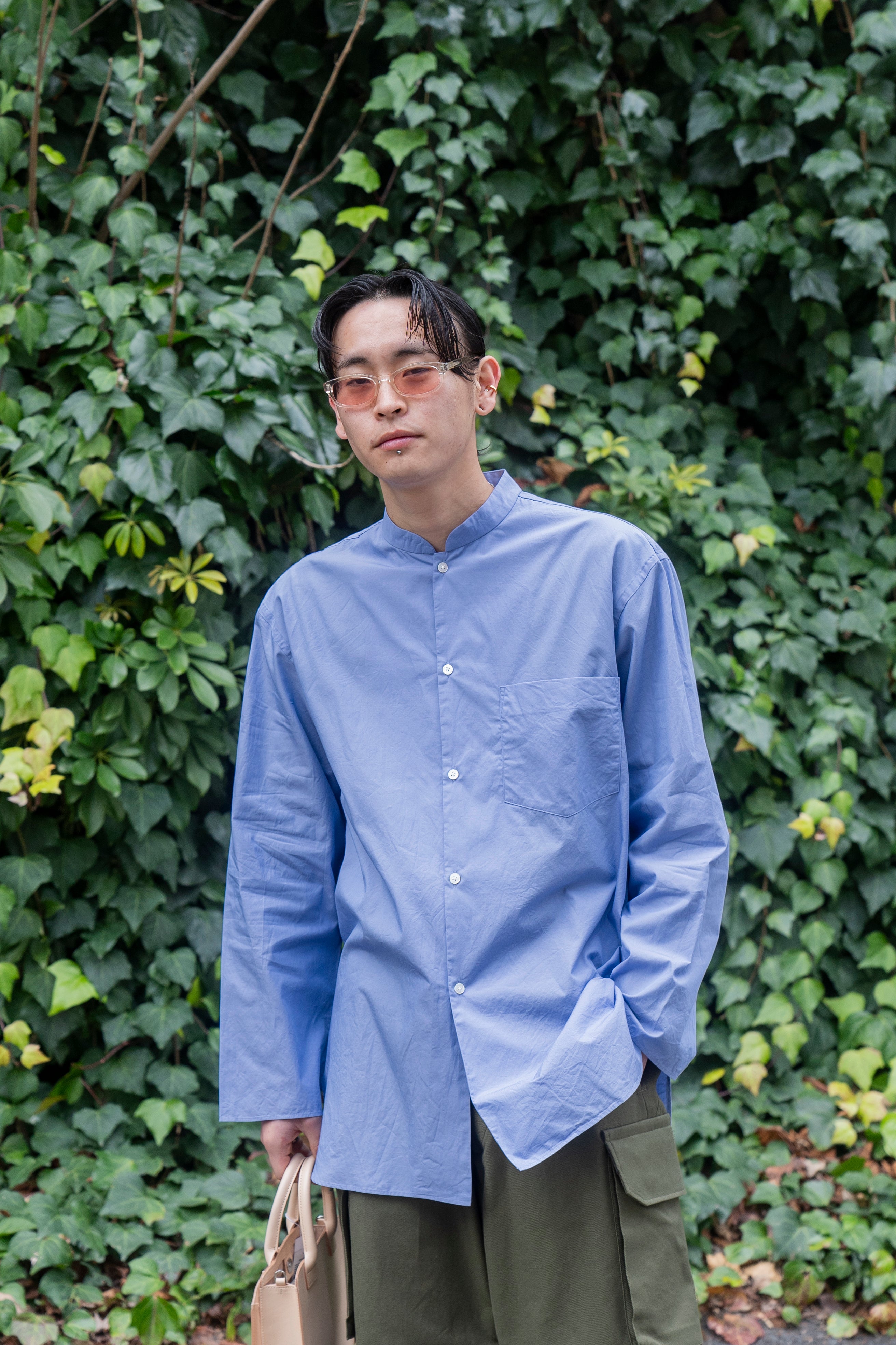 Chambray Stand-collar Cuffless Shirt