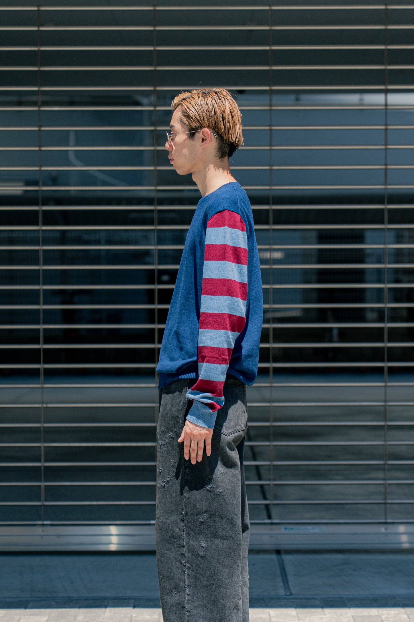 COTTON CASHMERE BORDER SLEEVE SWEATER