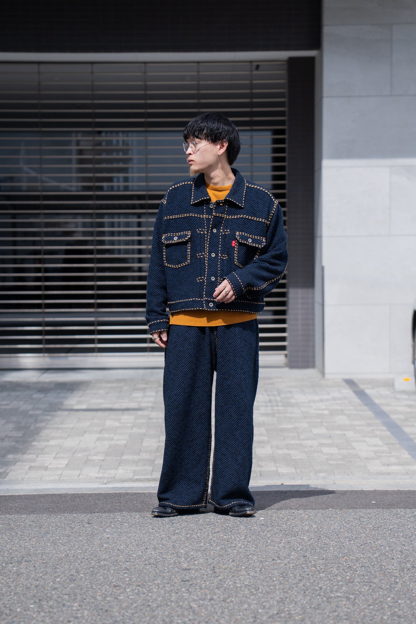 Hand Stitched Rigid Denim Knit Pants