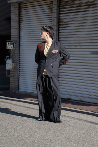 Leather-Patch No-Collar Jacket