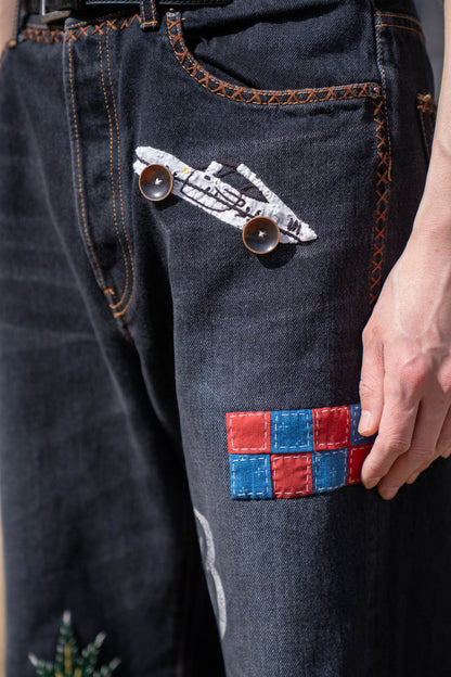 Hand-Embroidered Denim Pants