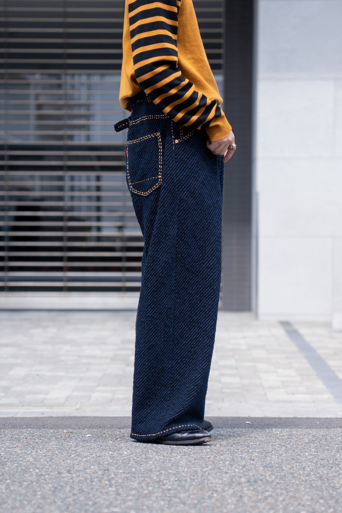 Hand Stitched Rigid Denim Knit Pants