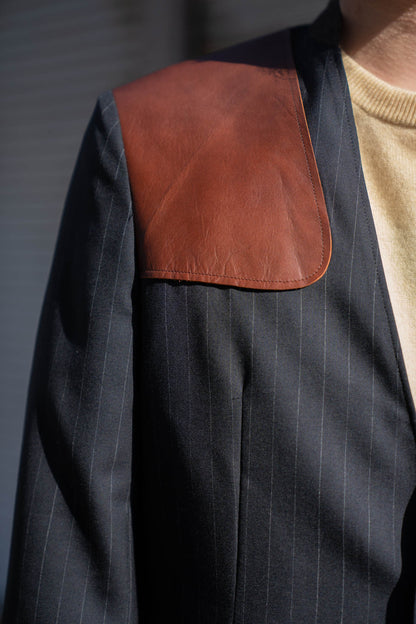 Leather-Patch No-Collar Jacket