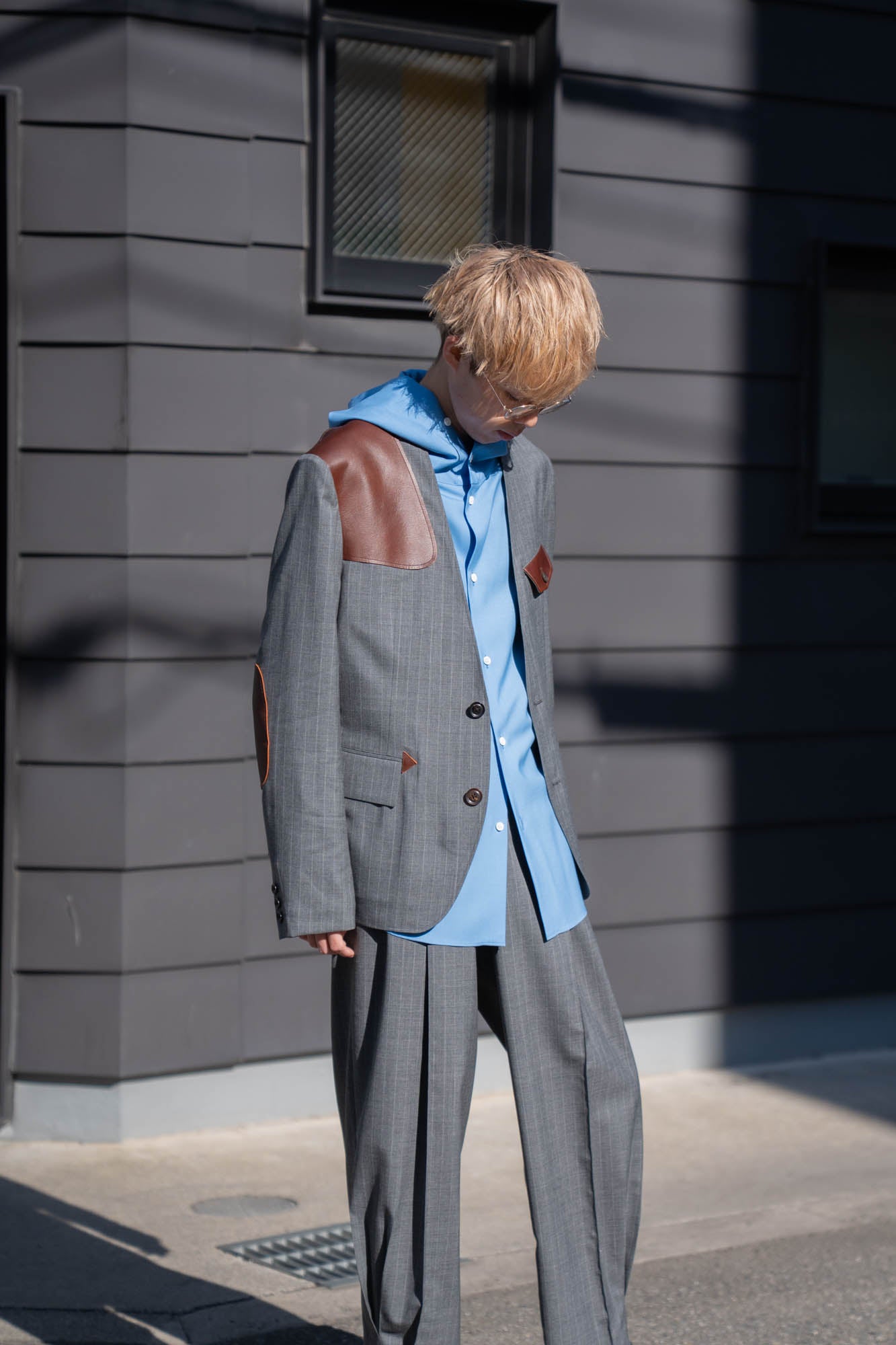 Leather-Patch No-Collar Jacket