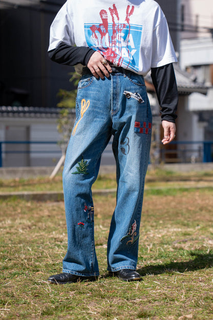 Hand-Embroidered Denim Pants