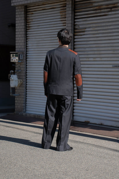 Leather-Patch No-Collar Jacket