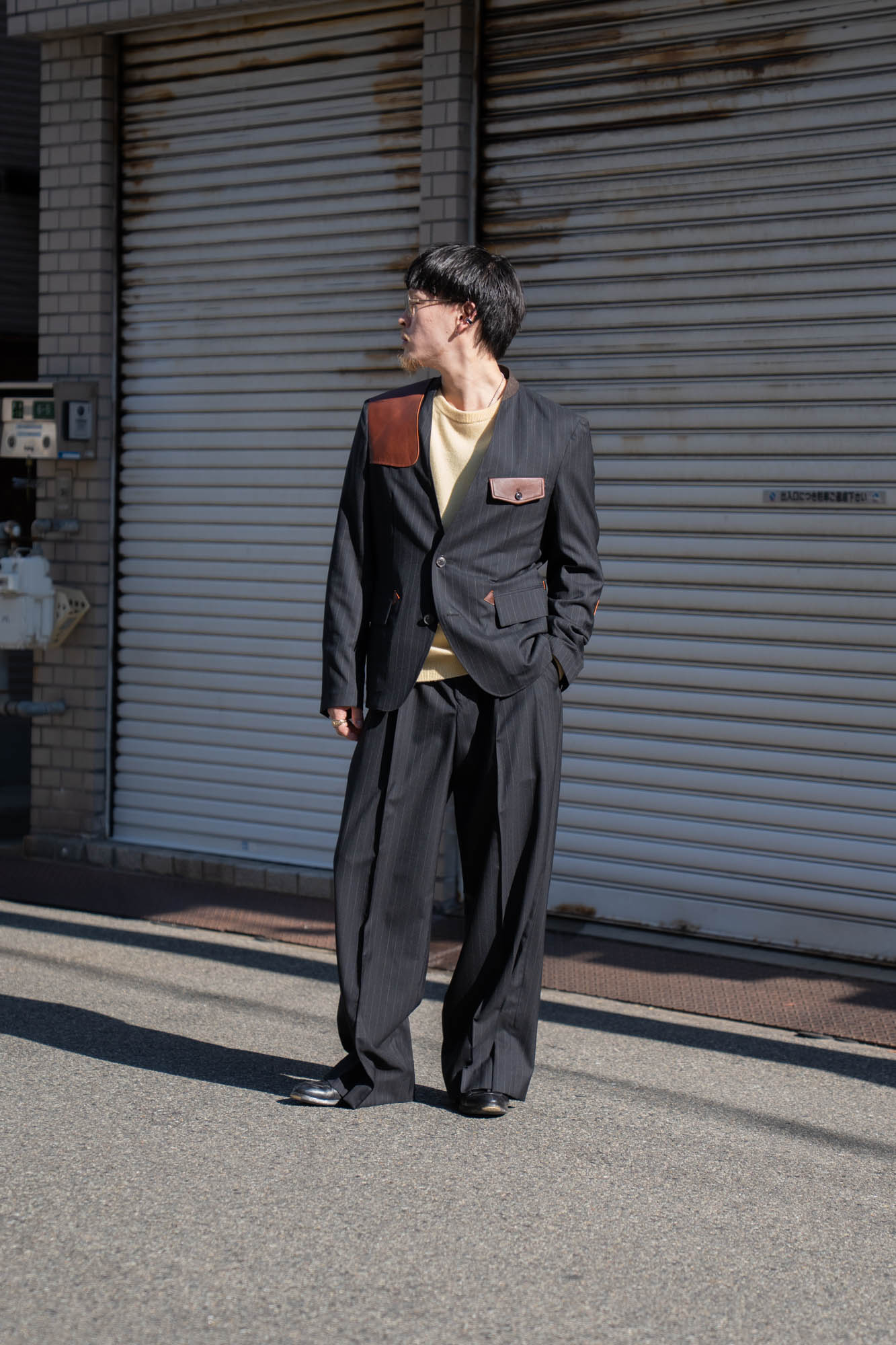 Leather-Patch No-Collar Jacket