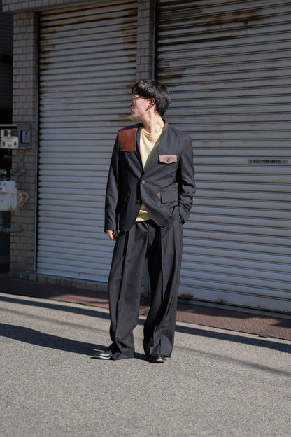 Leather-Patch No-Collar Jacket