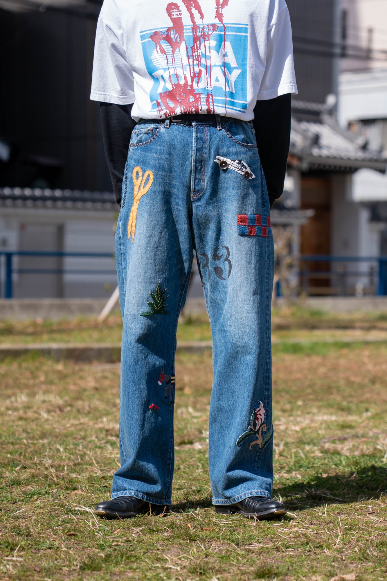 Hand-Embroidered Denim Pants
