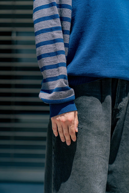 COTTON CASHMERE BORDER SLEEVE SWEATER