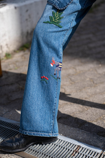 Hand-Embroidered Denim Pants