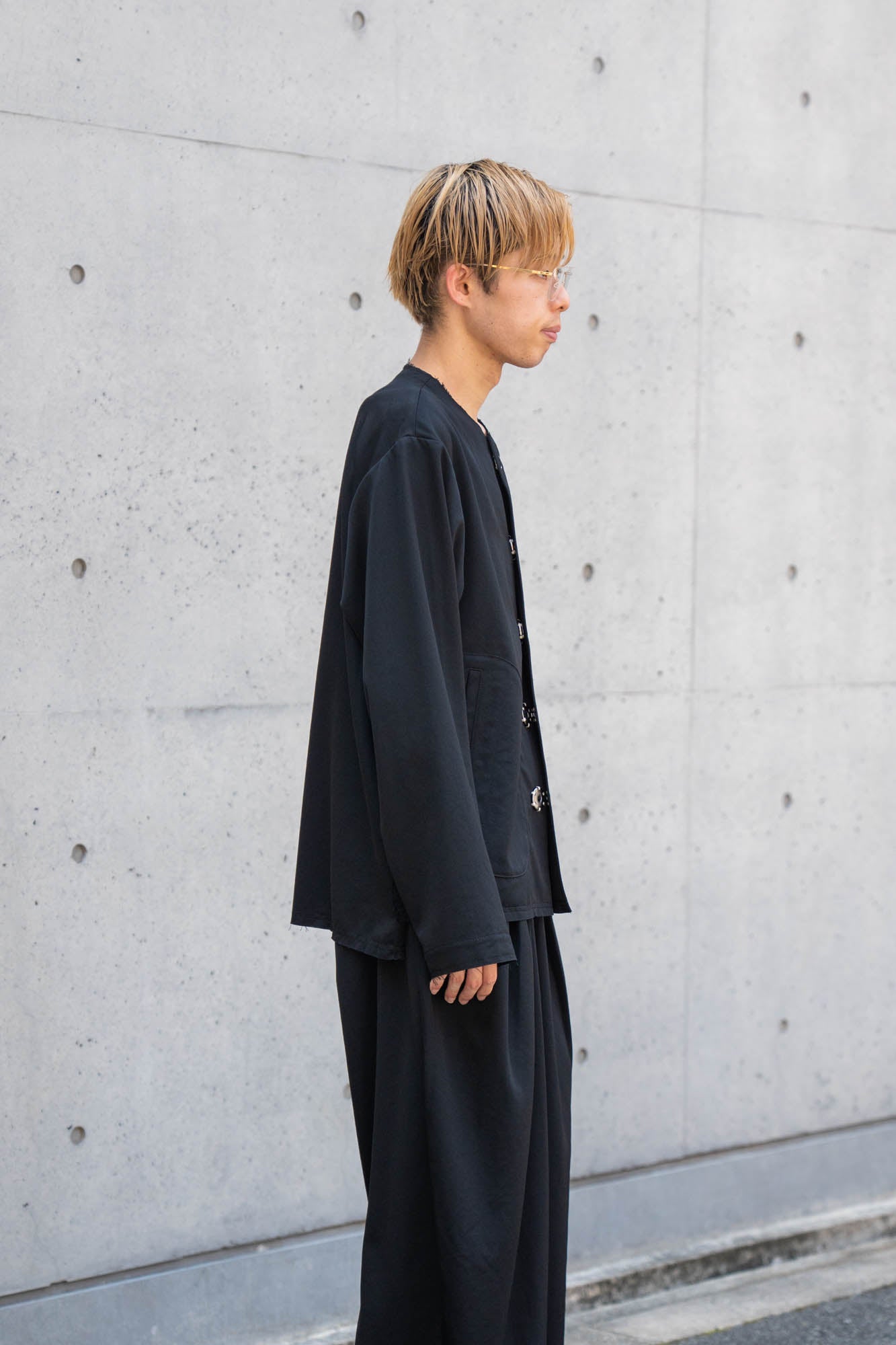 No-collar wool gabardine jacket