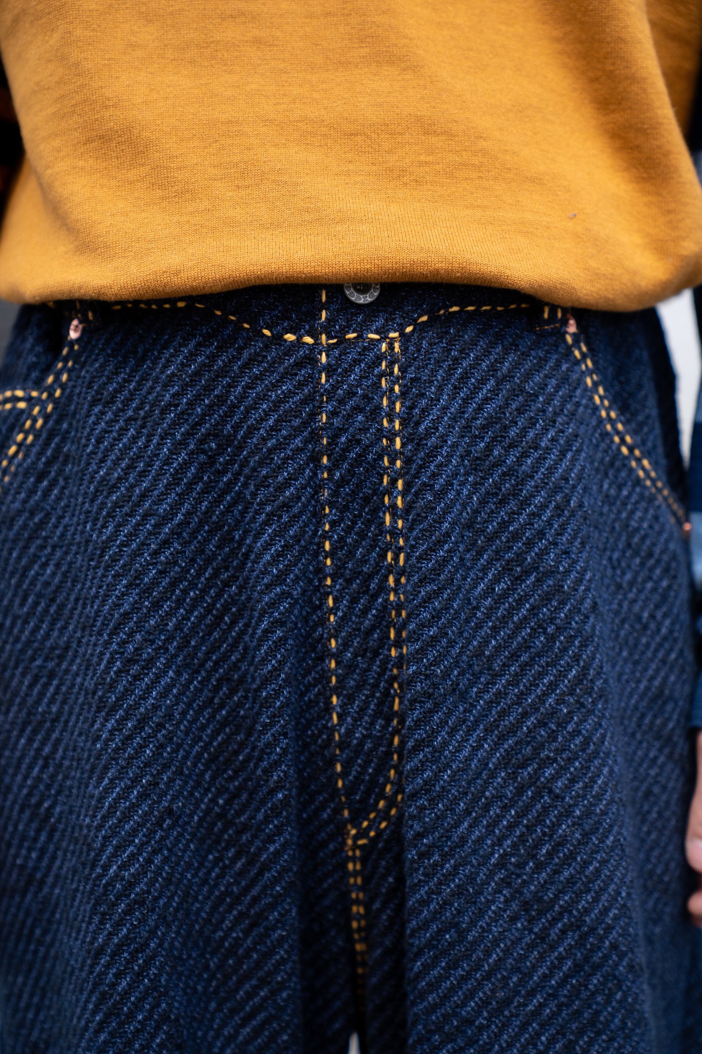 Hand Stitched Rigid Denim Knit Pants