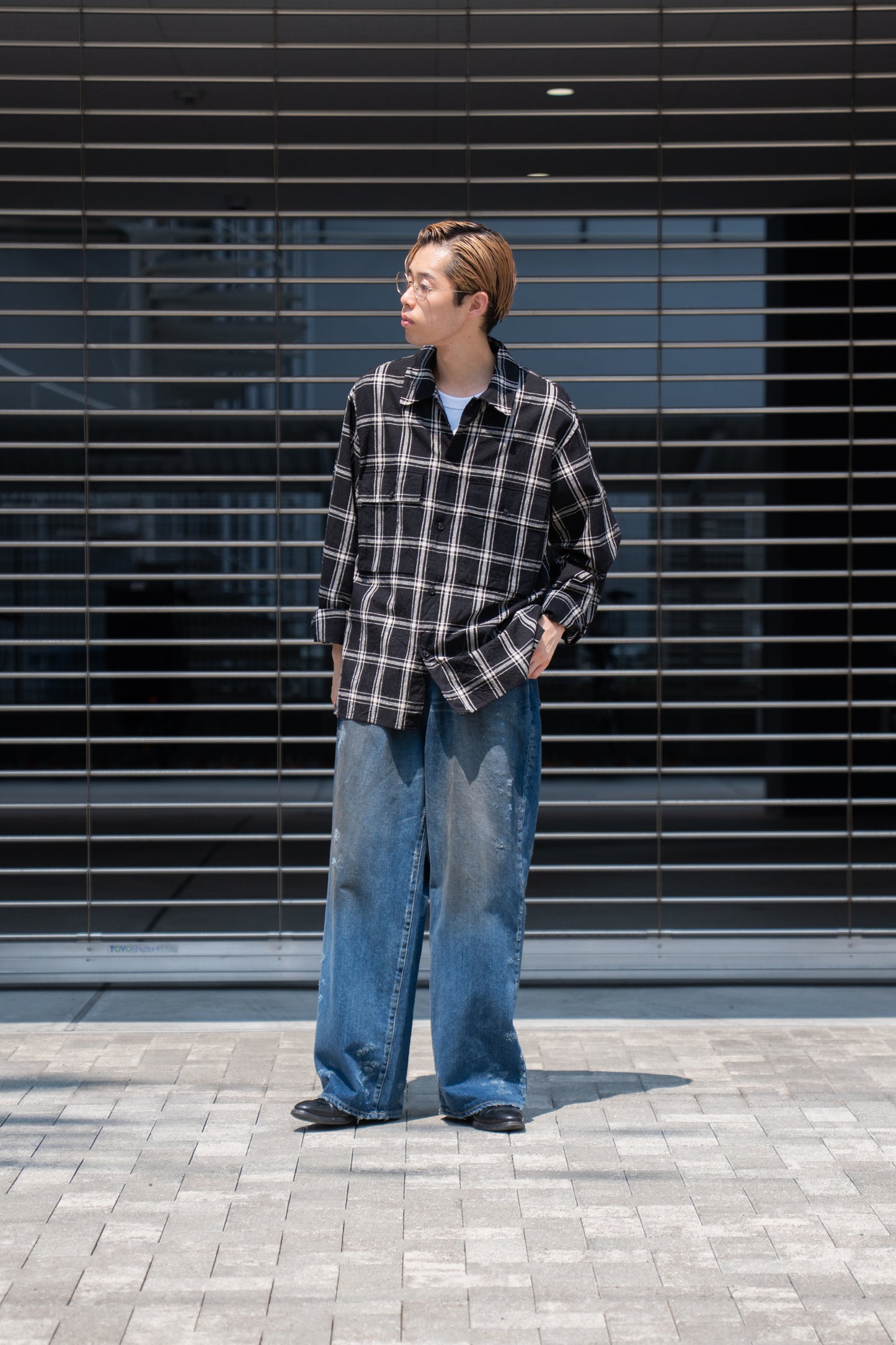 Silk/Cottn Nep Plaid Military Shirt