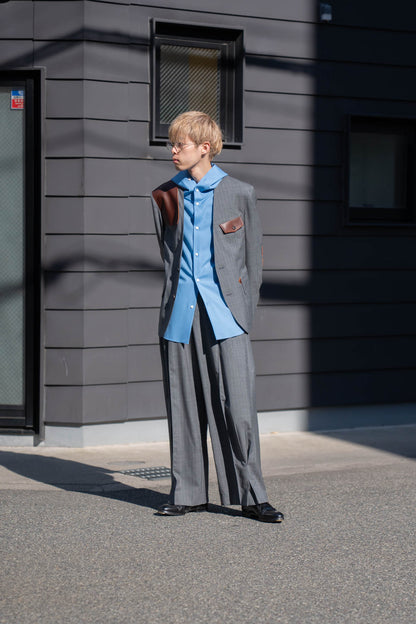 Leather-Patch No-Collar Jacket