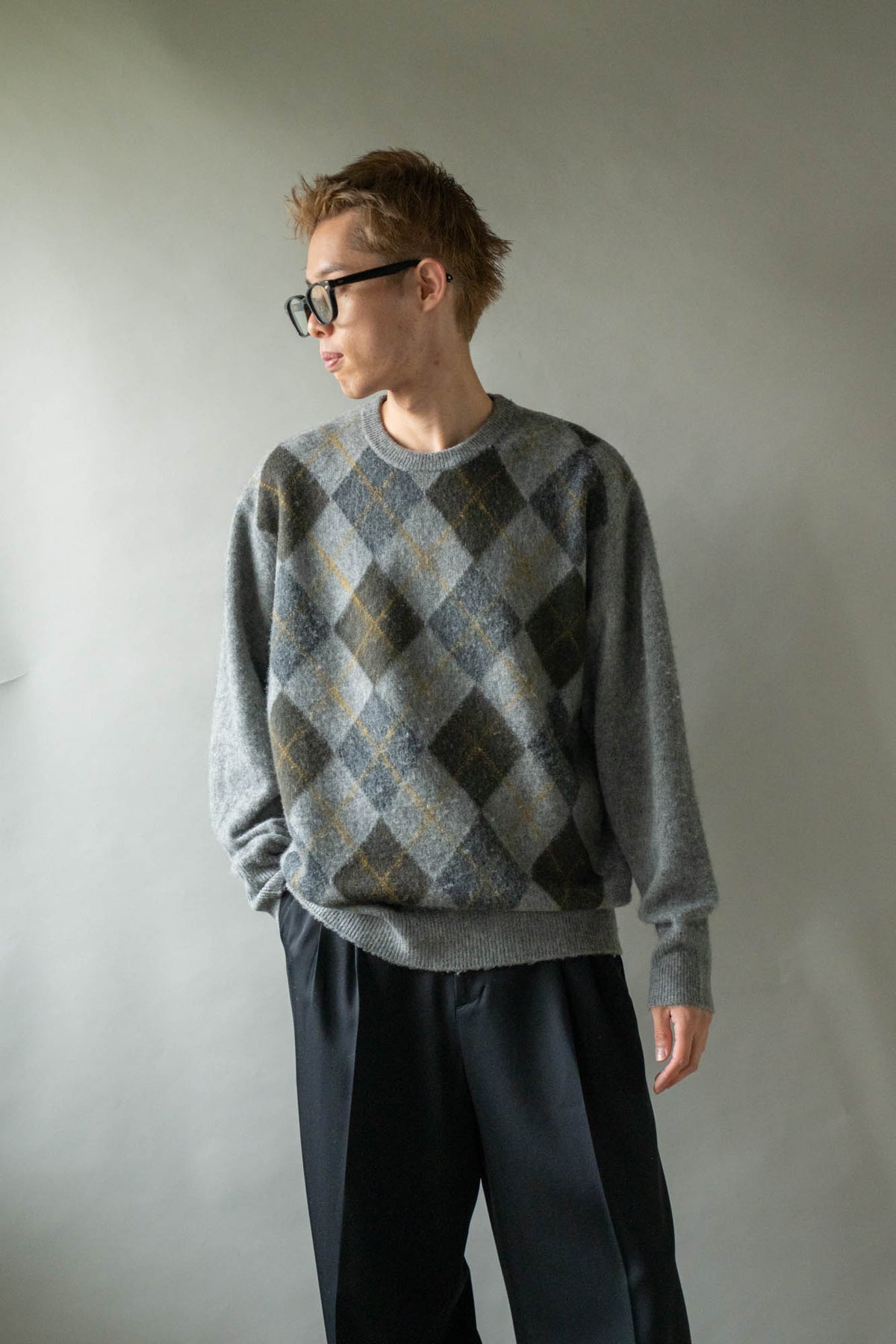 FINE WOOL ARGYLE KNIT CREW NECK LS(ST.1649)