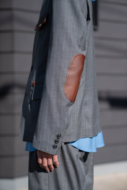 Leather-Patch No-Collar Jacket