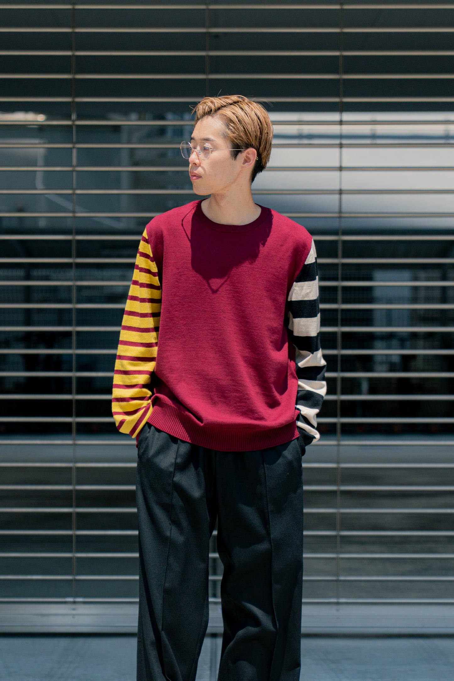 COTTON CASHMERE BORDER SLEEVE SWEATER