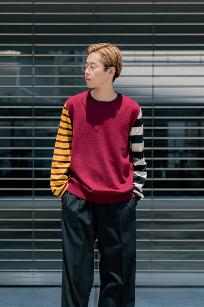 COTTON CASHMERE BORDER SLEEVE SWEATER