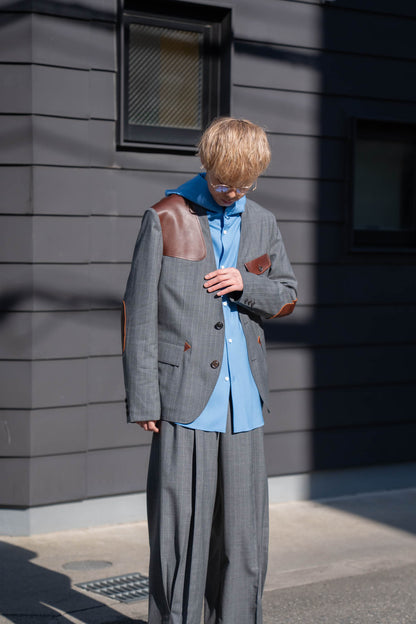 Leather-Patch No-Collar Jacket