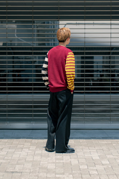 COTTON CASHMERE BORDER SLEEVE SWEATER