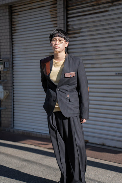 Leather-Patch No-Collar Jacket