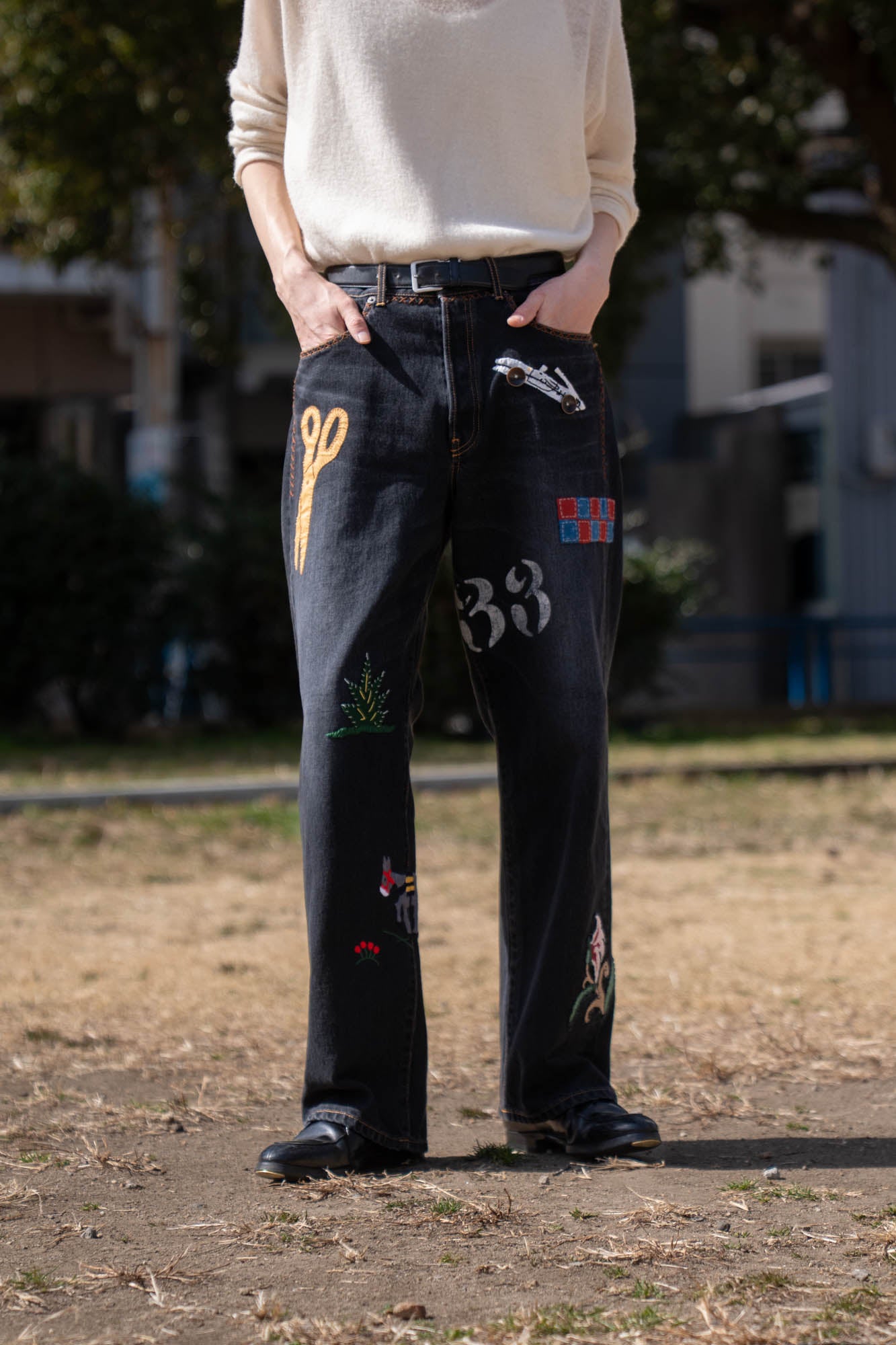 Hand-Embroidered Denim Pants