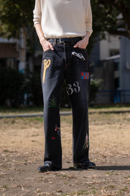 Hand-Embroidered Denim Pants