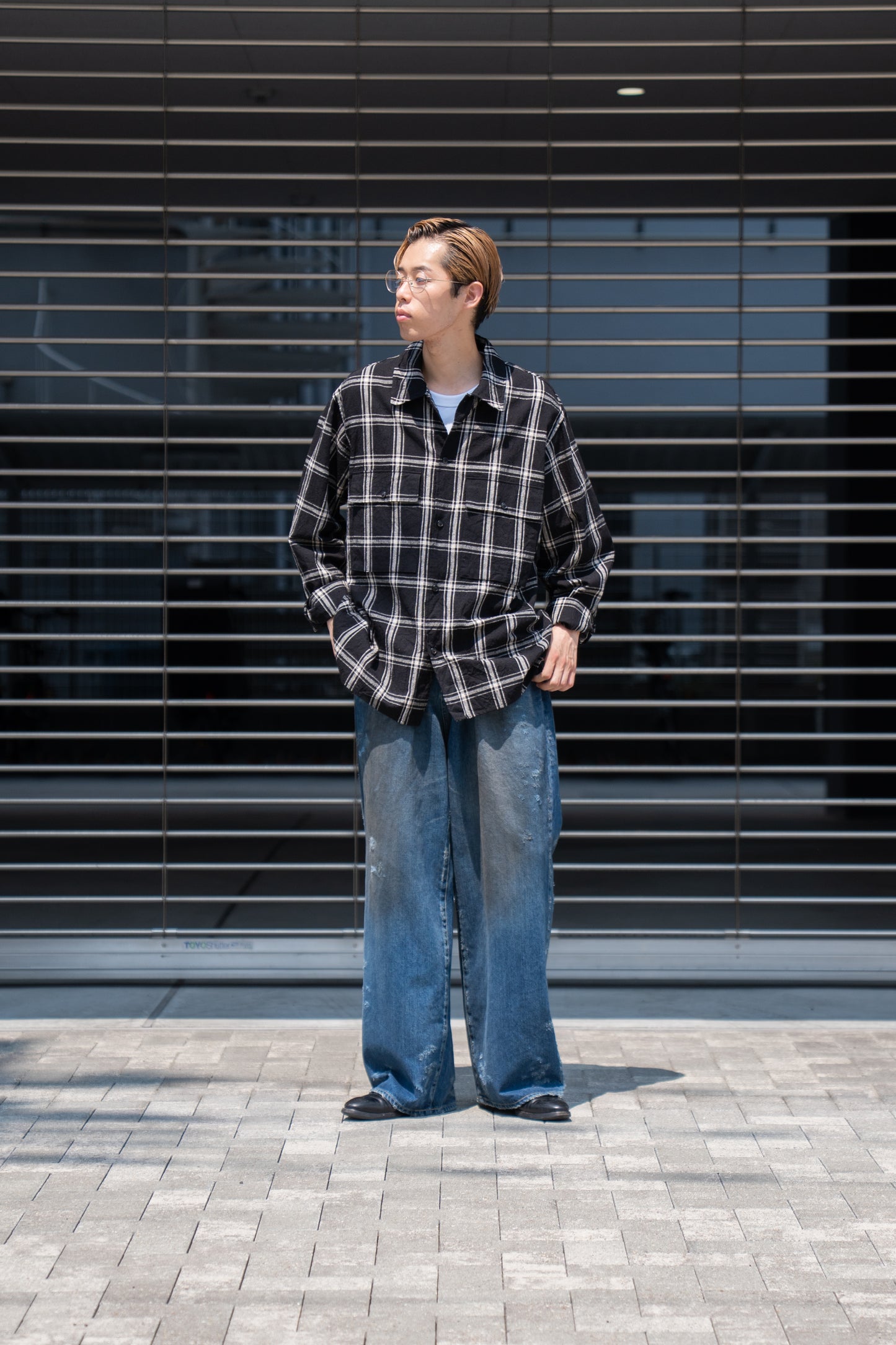 Silk/Cottn Nep Plaid Military Shirt