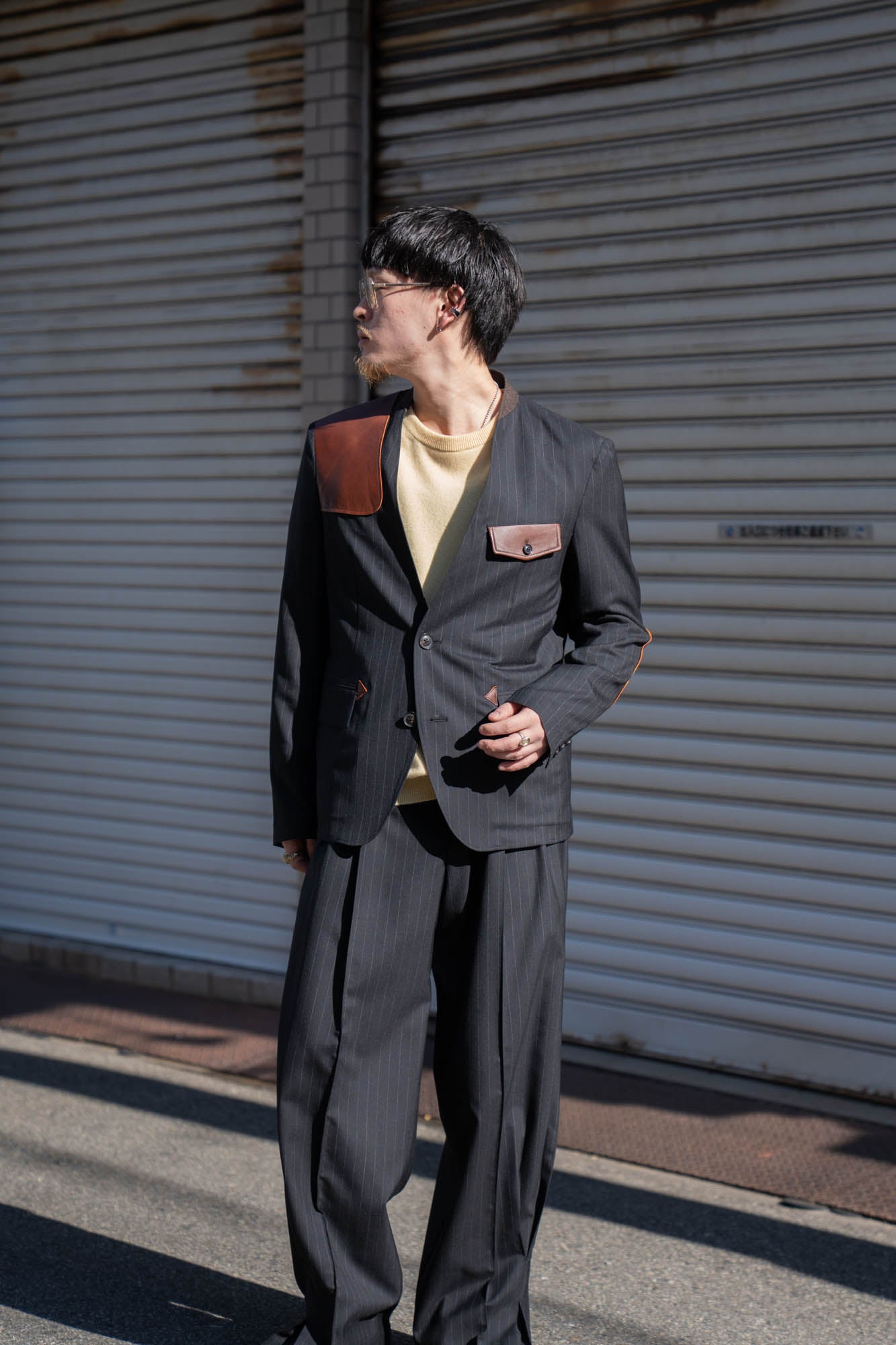 Leather-Patch No-Collar Jacket