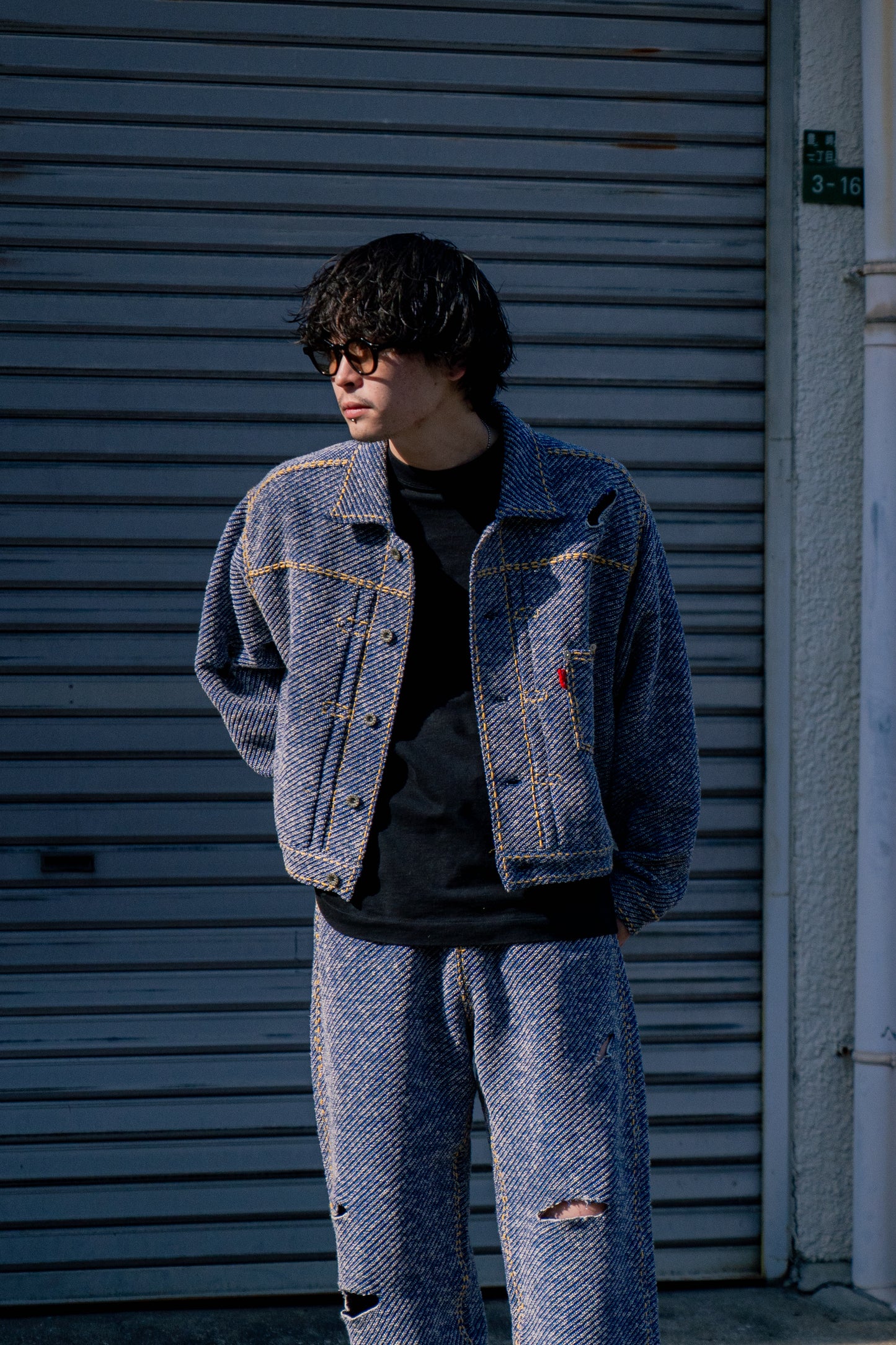 Hand-Stitched Damaged Denim Knit Jacket