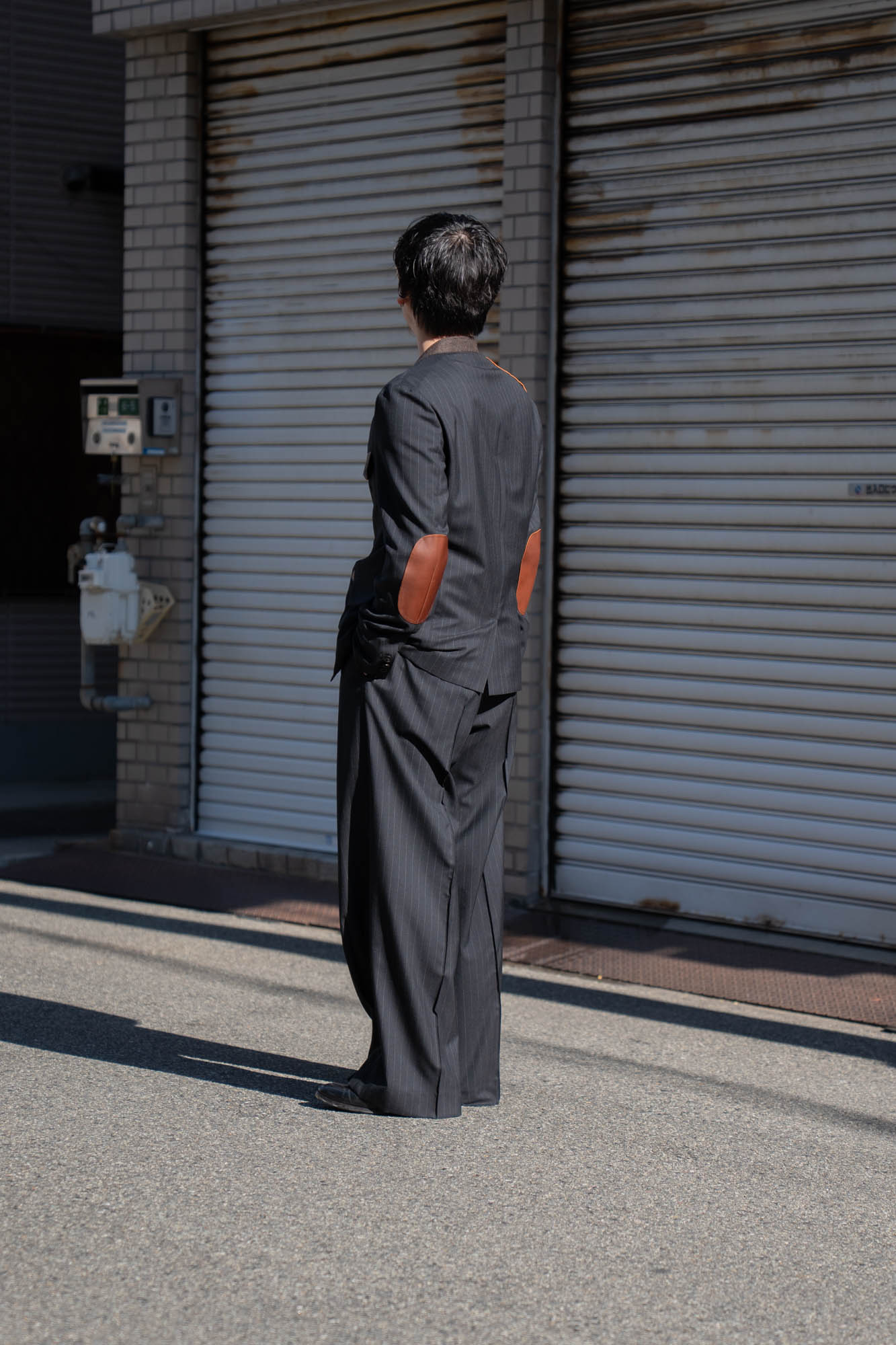 Leather-Patch No-Collar Jacket