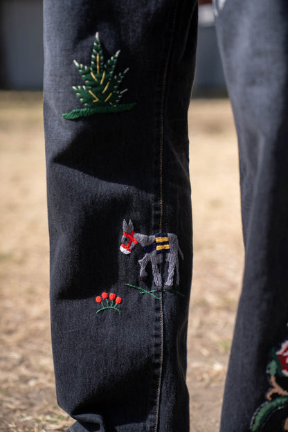 Hand-Embroidered Denim Pants