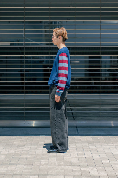 COTTON CASHMERE BORDER SLEEVE SWEATER