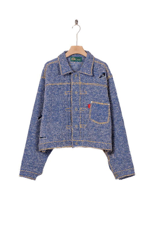 Hand-Stitched Damaged Denim Knit Jacket