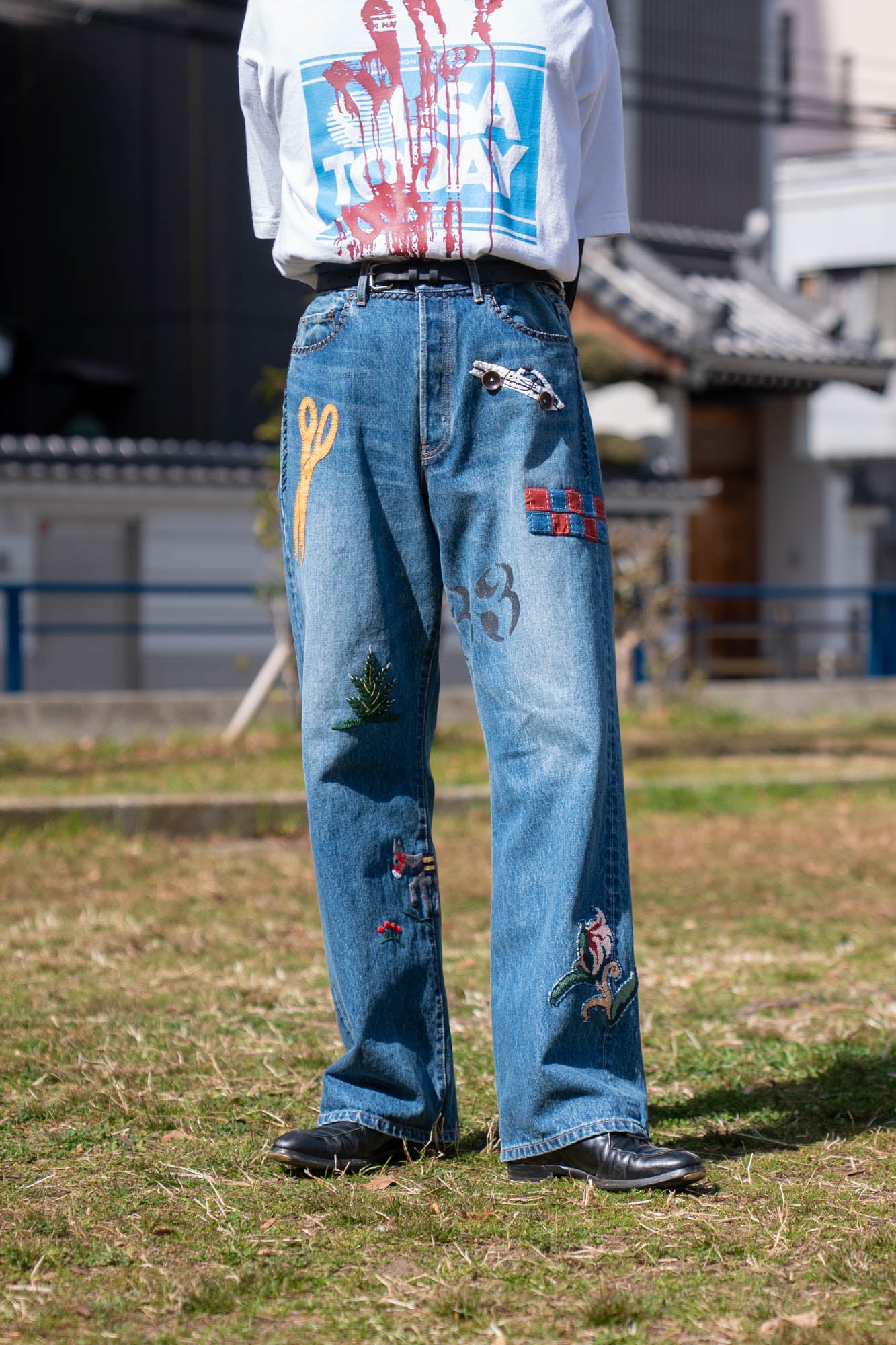Hand-Embroidered Denim Pants