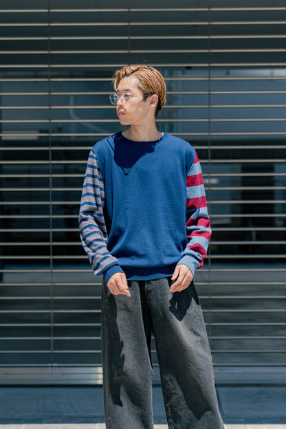 COTTON CASHMERE BORDER SLEEVE SWEATER