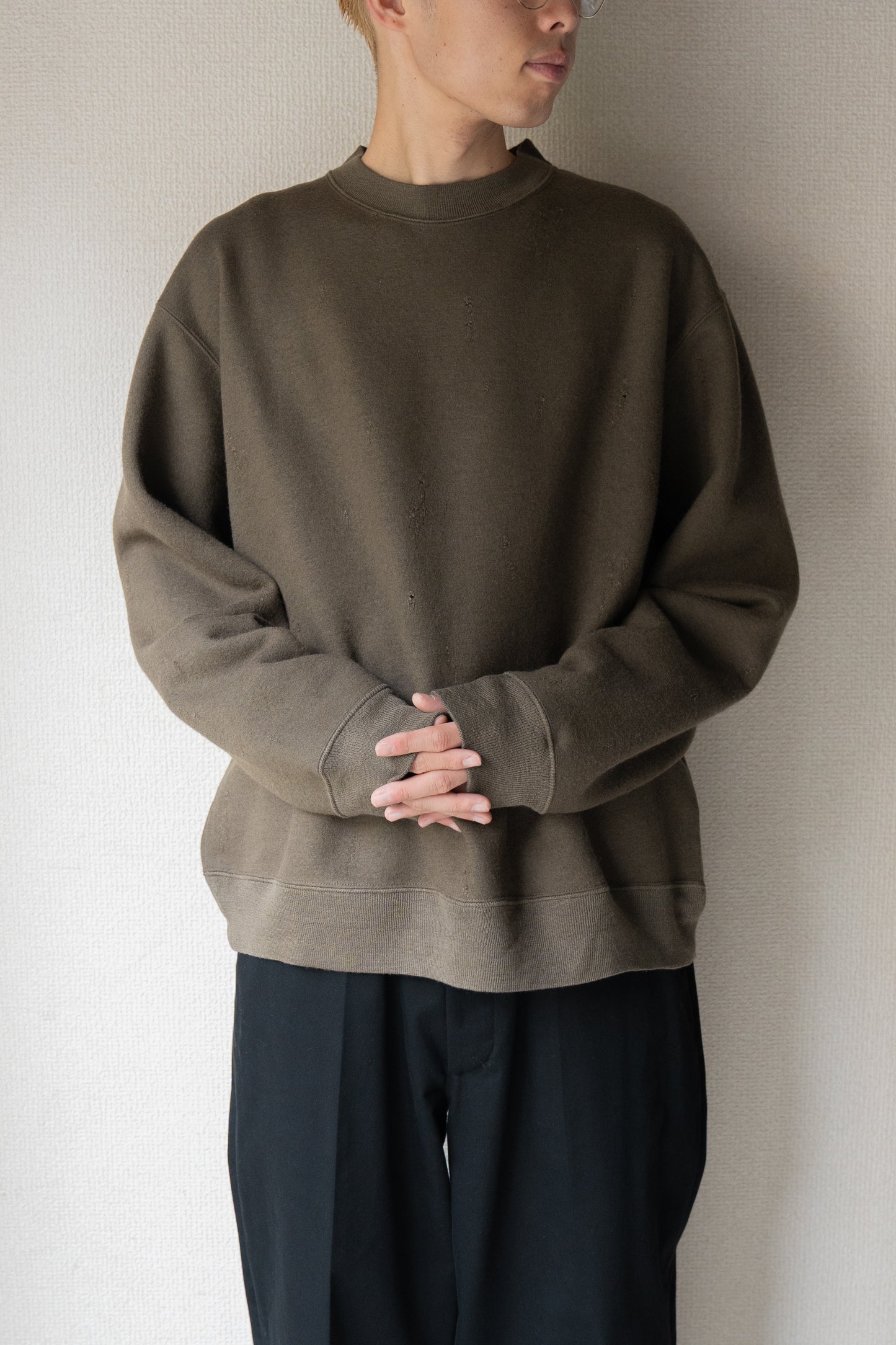 Damage jacquard terry crew neck sweater