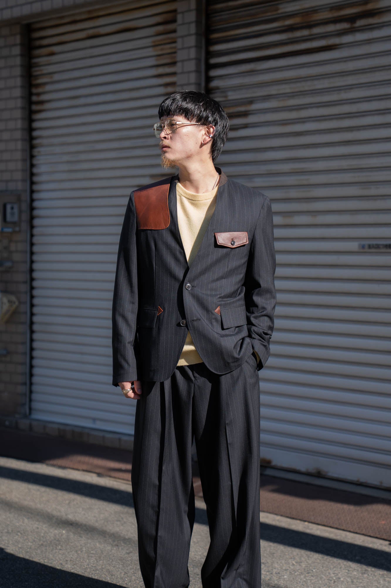 Leather-Patch No-Collar Jacket