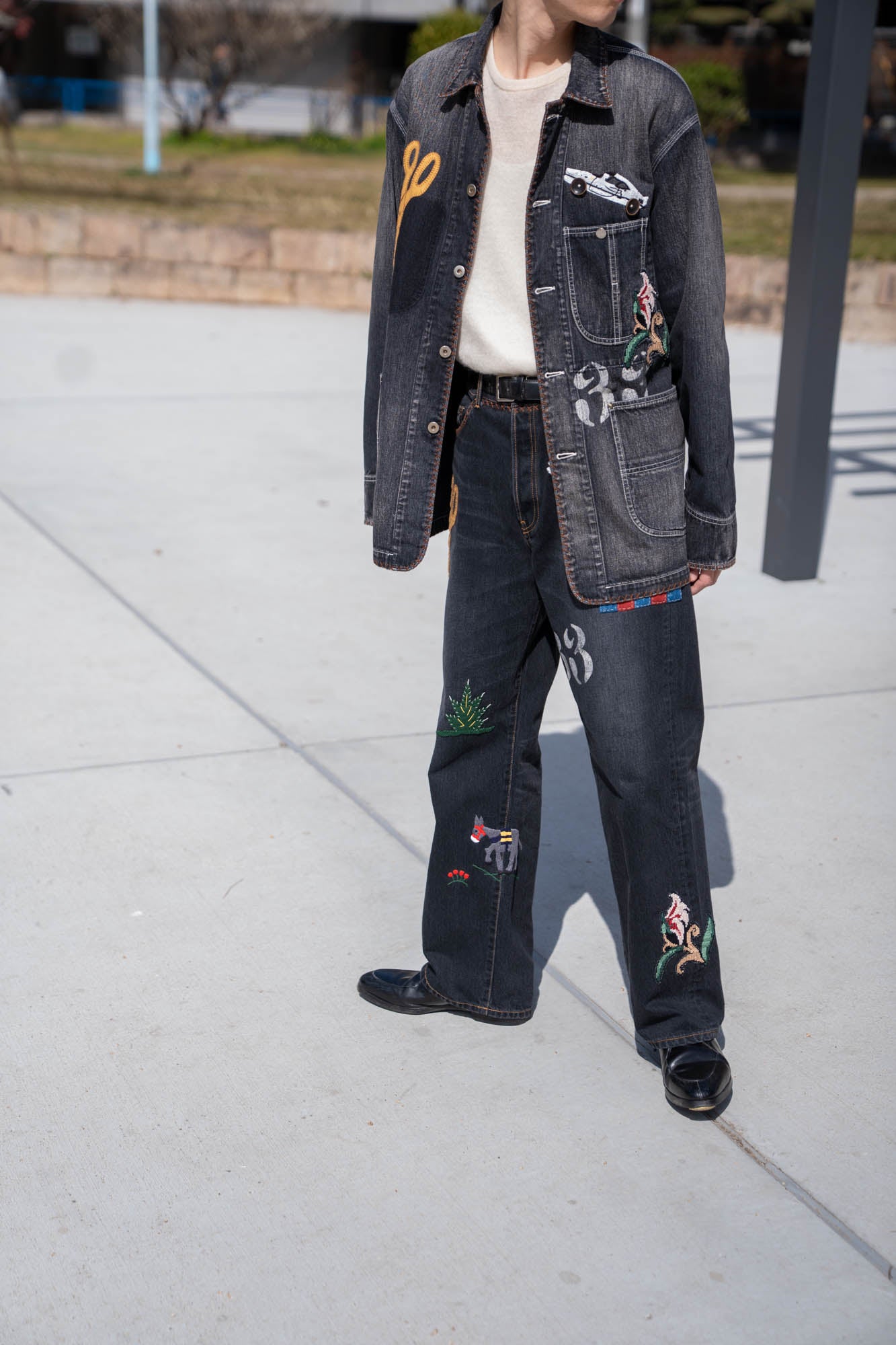 Hand-Embroidered Denim Pants