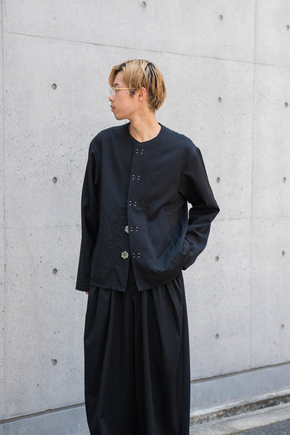 No-collar wool gabardine jacket