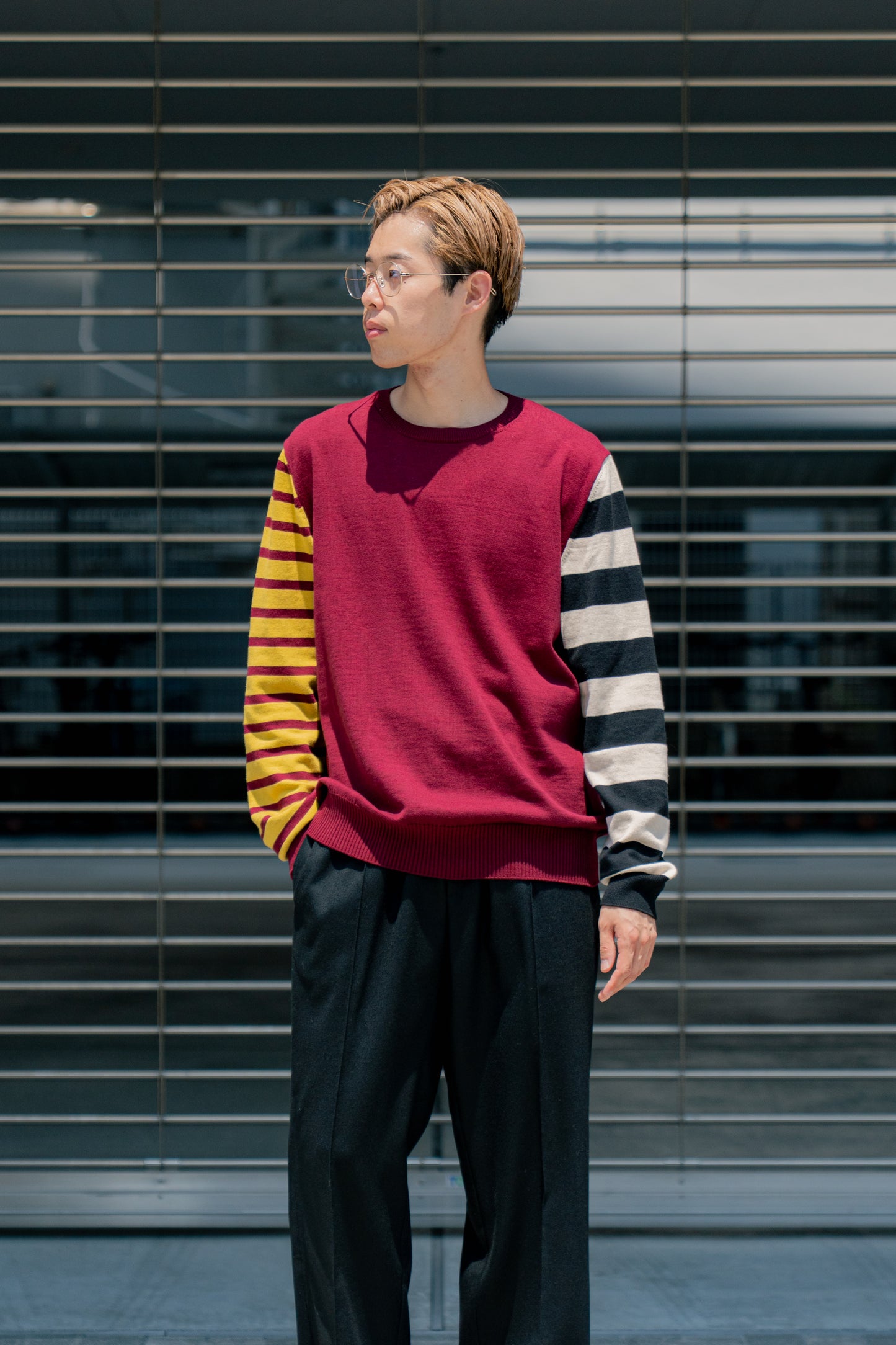 COTTON CASHMERE BORDER SLEEVE SWEATER