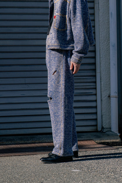 Hand-Stitched Damaged Denim Knit Pants 